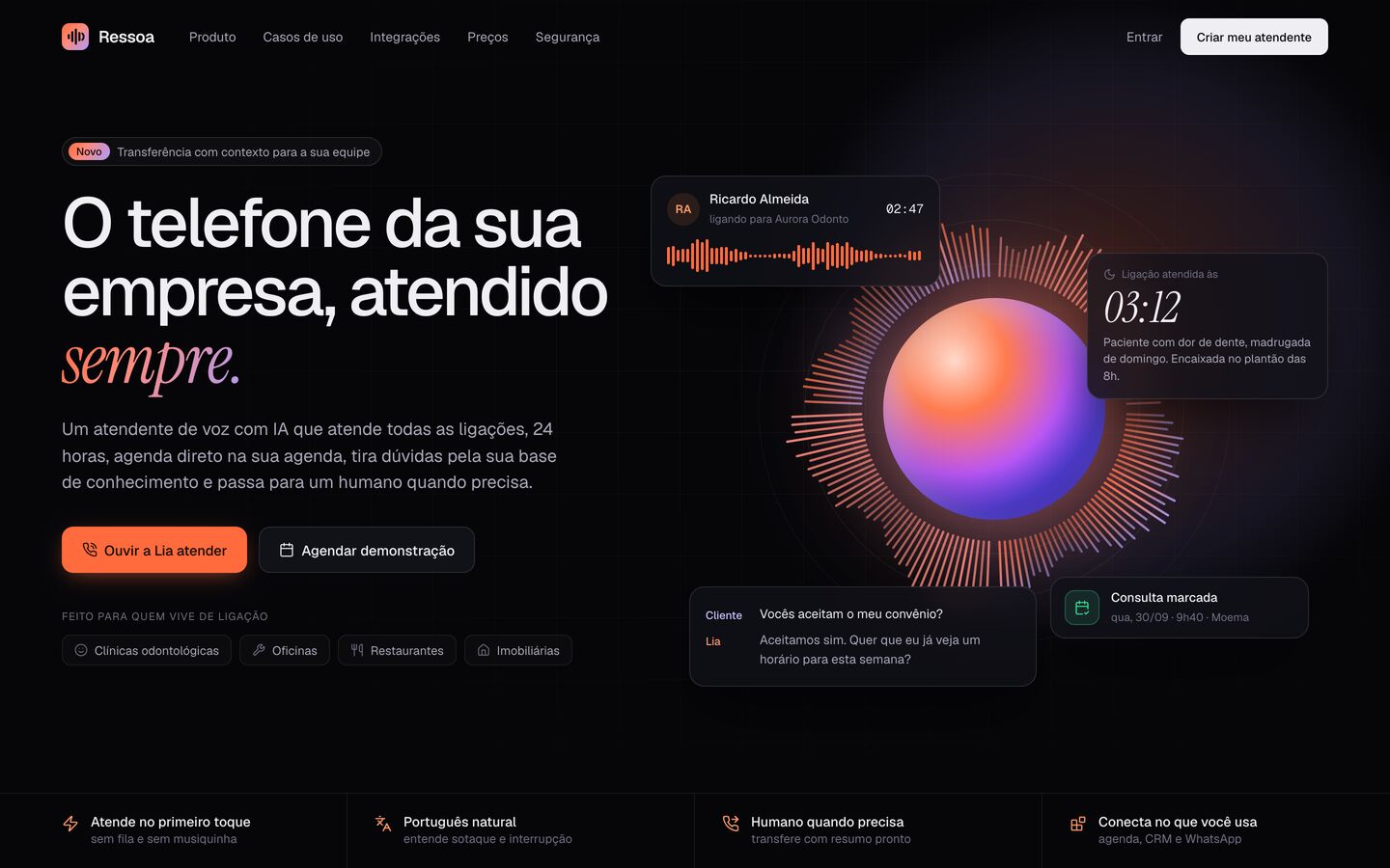 Landing do agente de voz com IA Ressoa