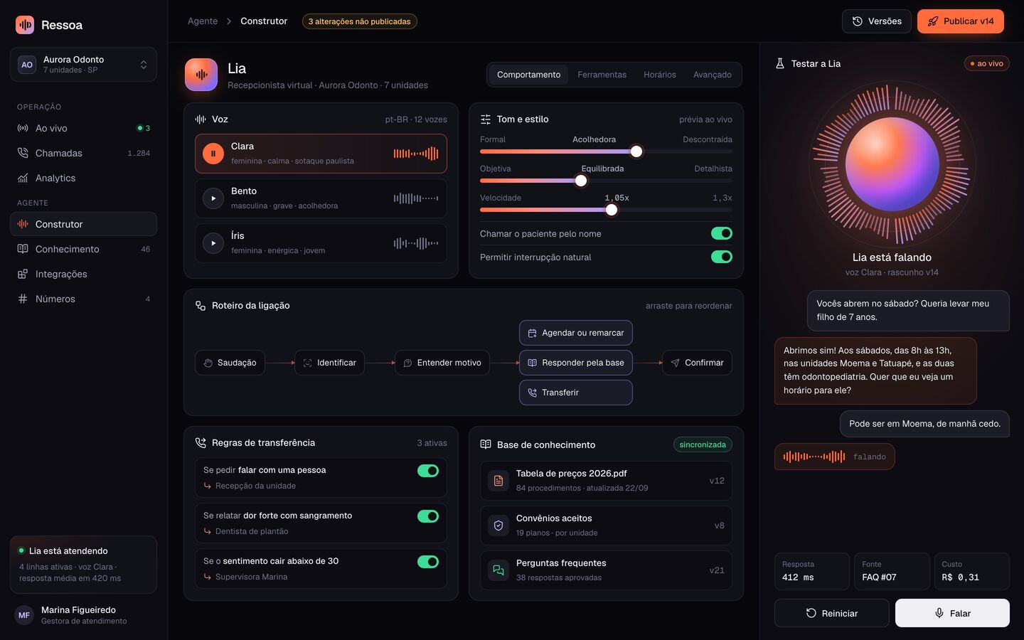 Construtor do agente de voz com IA: voz, tom, roteiro e regras de transferência