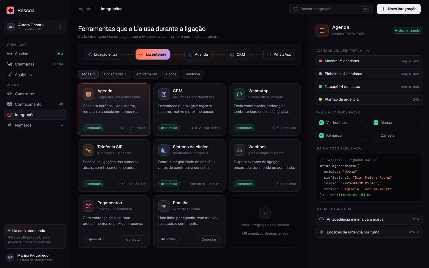 Integrações do agente de voz com agenda, CRM e WhatsApp