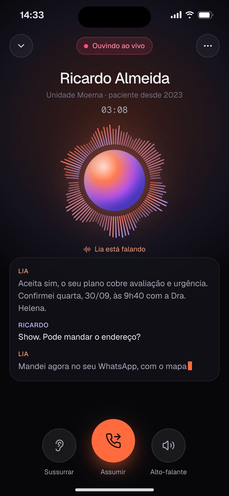 App do gestor para ouvir a ligação do agente de voz ao vivo e assumir