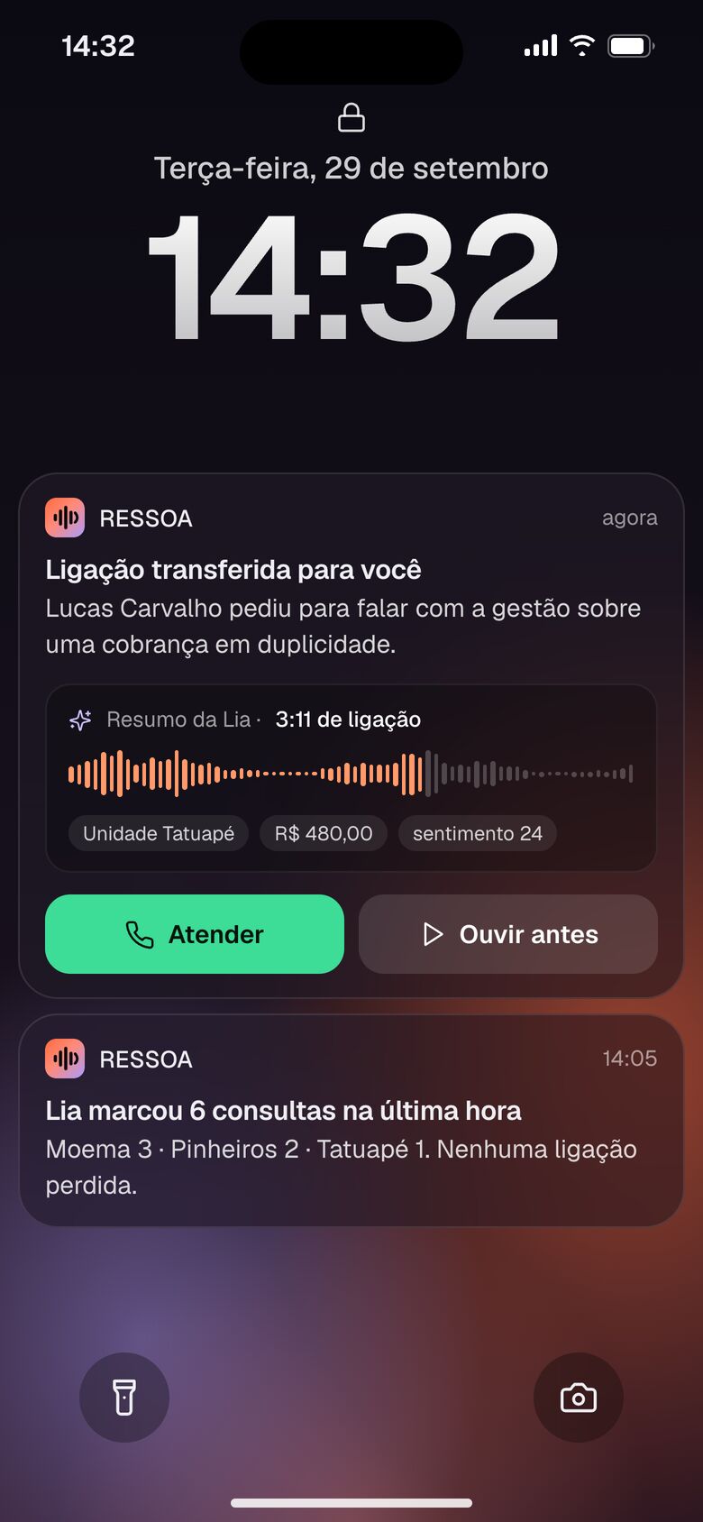Notificação de ligação transferida pela IA com resumo e áudio