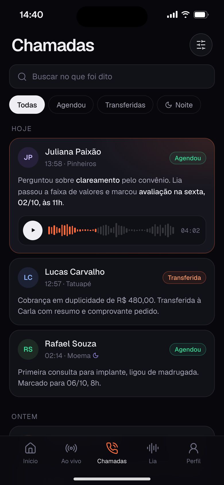 Histórico de chamadas do agente de voz no celular