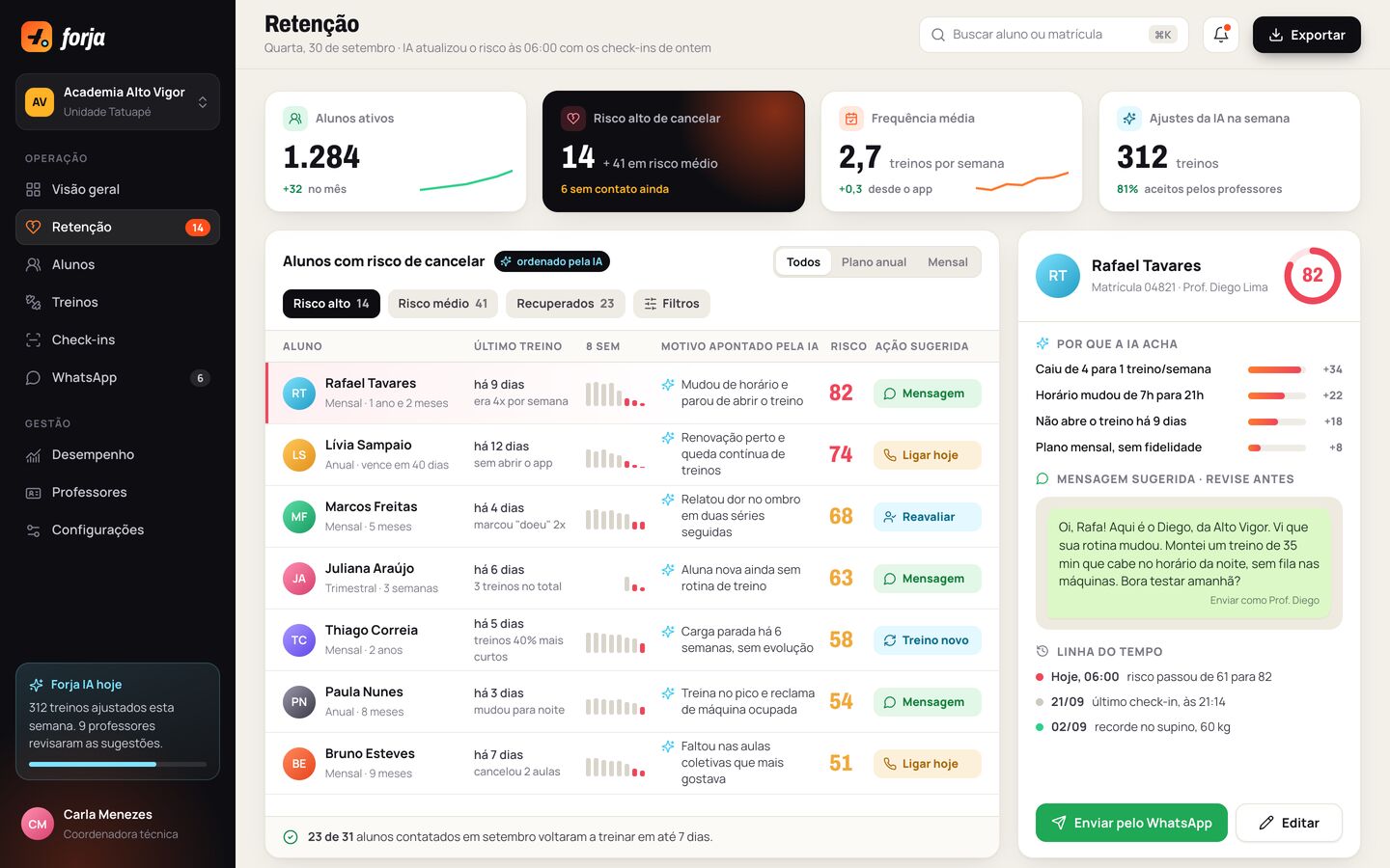 App de academia com treino ajustado pela IA e o motivo de cada ajuste