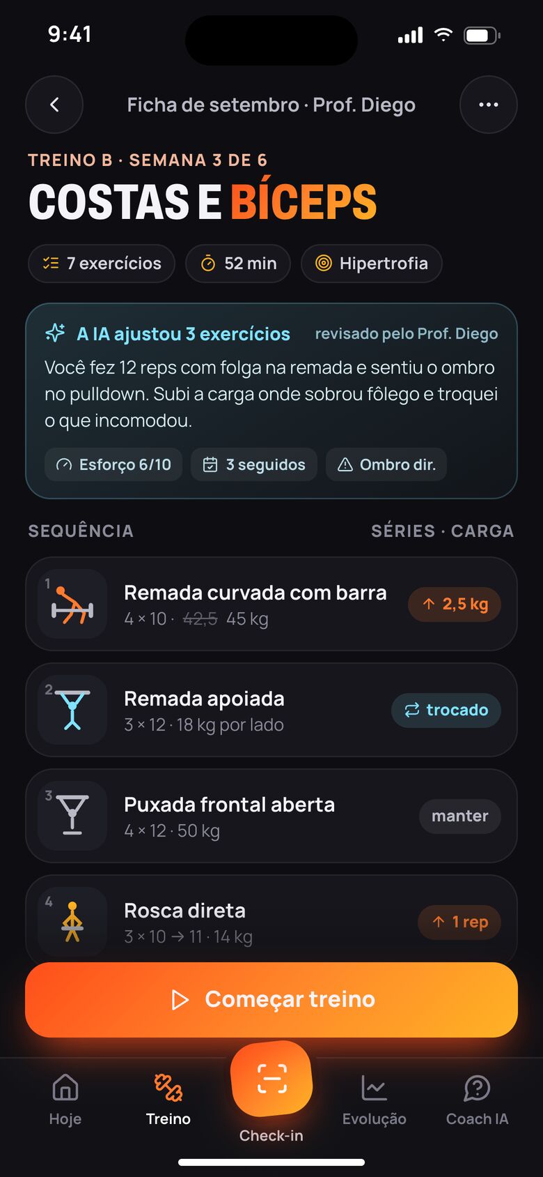 App de academia com treino ajustado pela IA e o motivo de cada ajuste