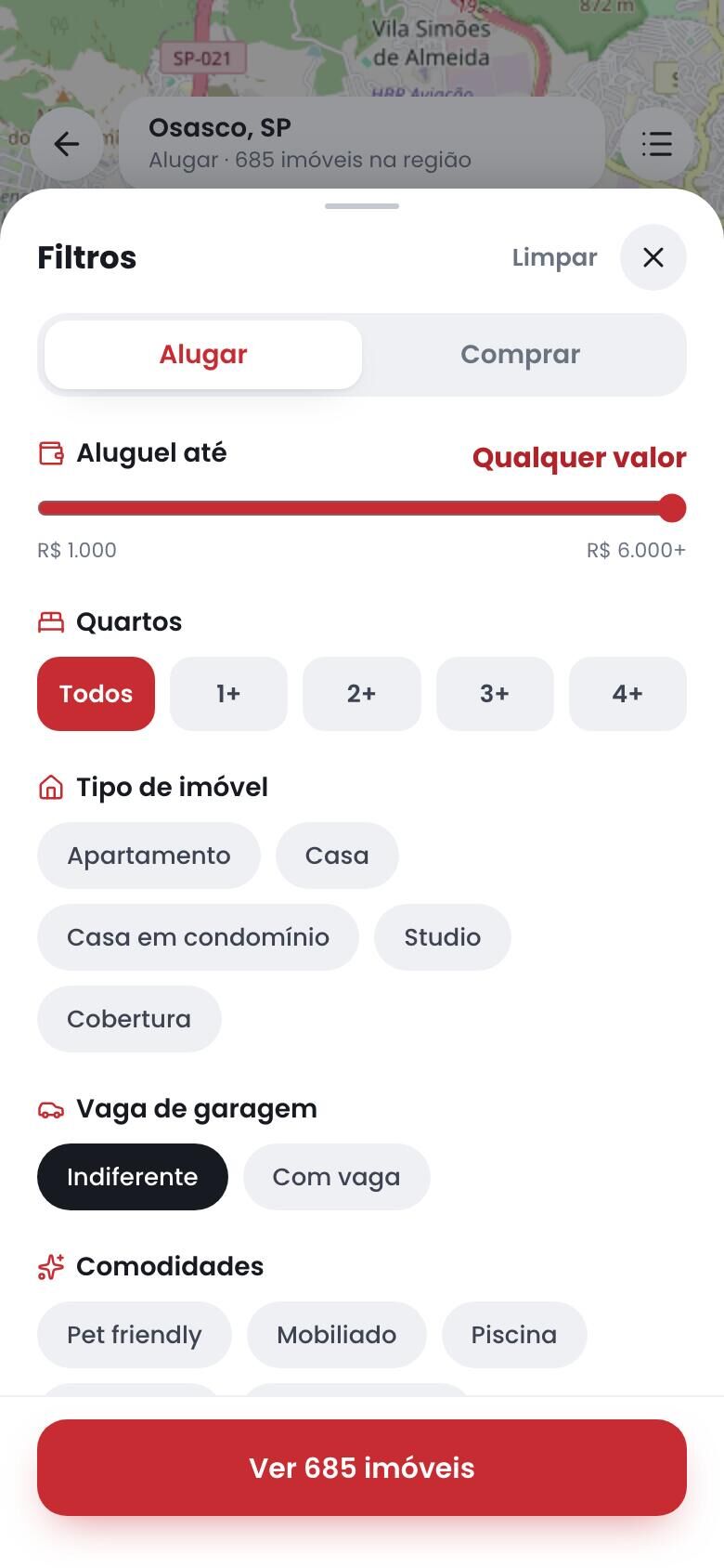 Filtros em folha no app