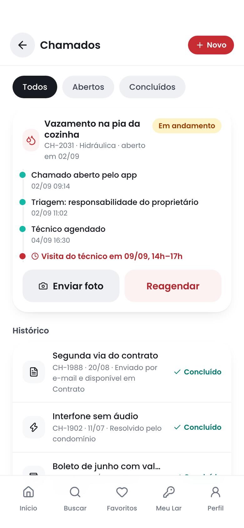 Chamados do inquilino com histórico