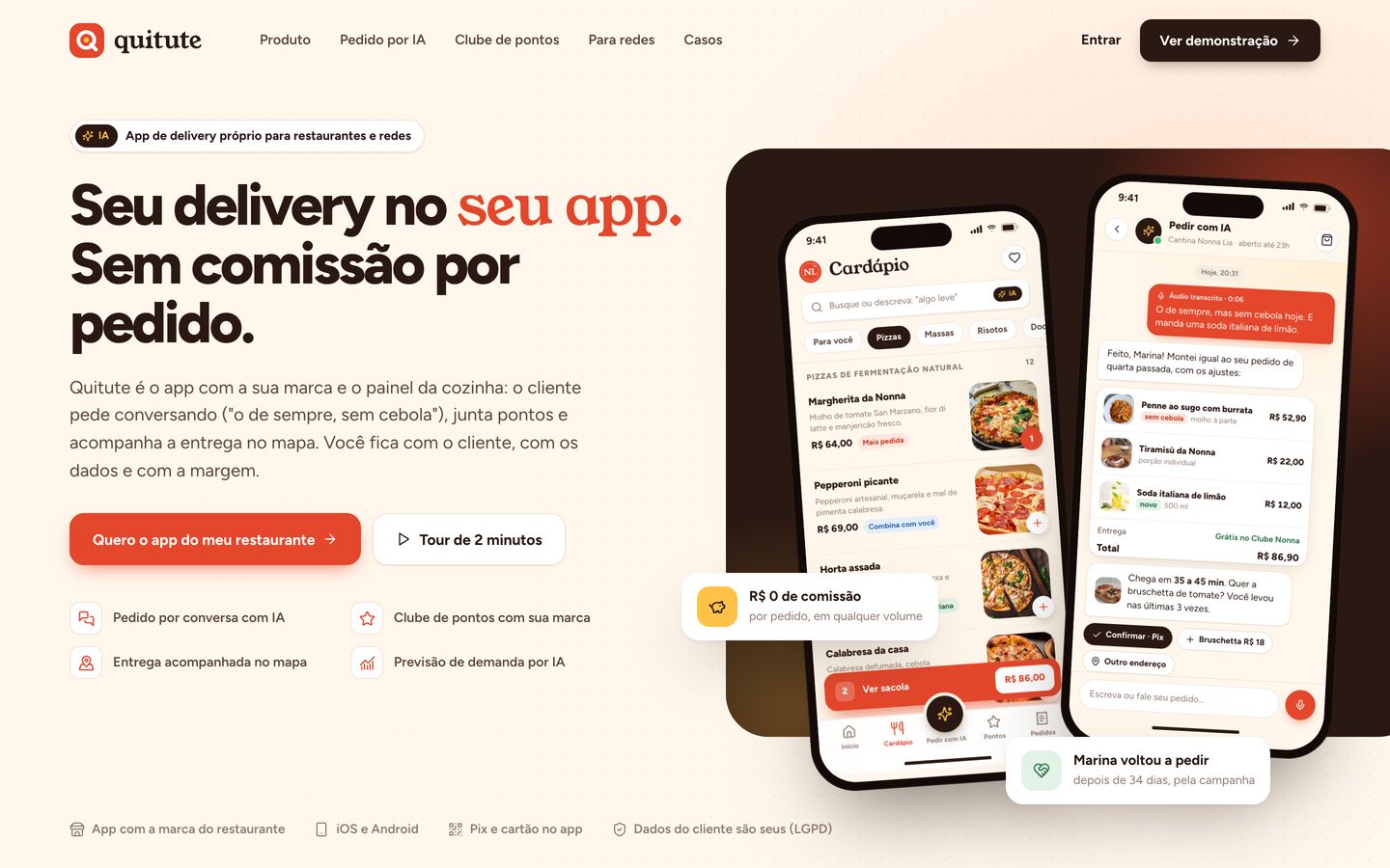 Landing de apresentação da Quitute, app de delivery próprio para restaurantes