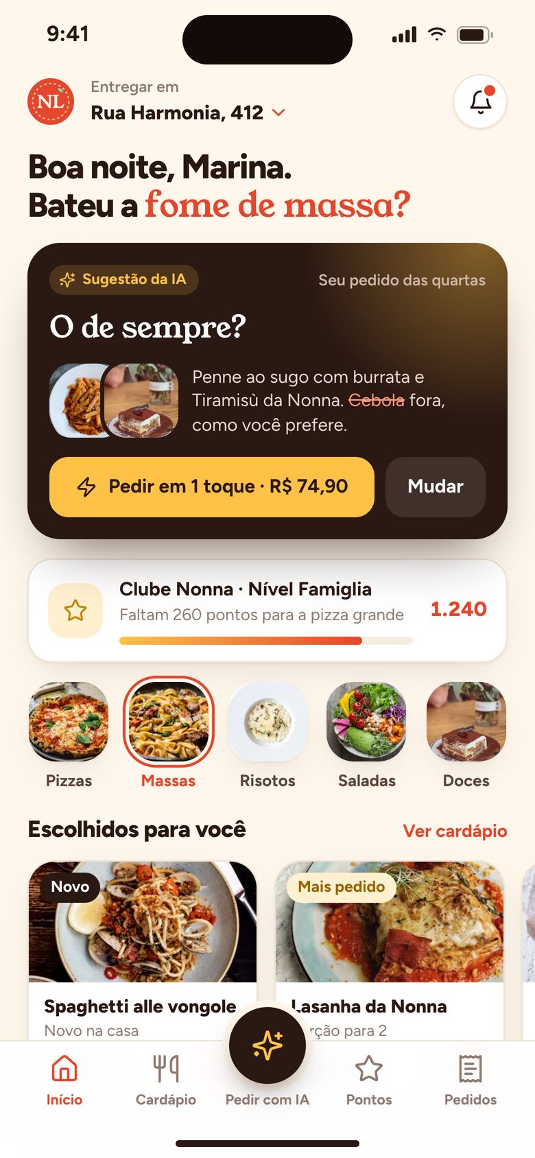Início do app de delivery próprio com sugestão de pedir o de sempre em um toque