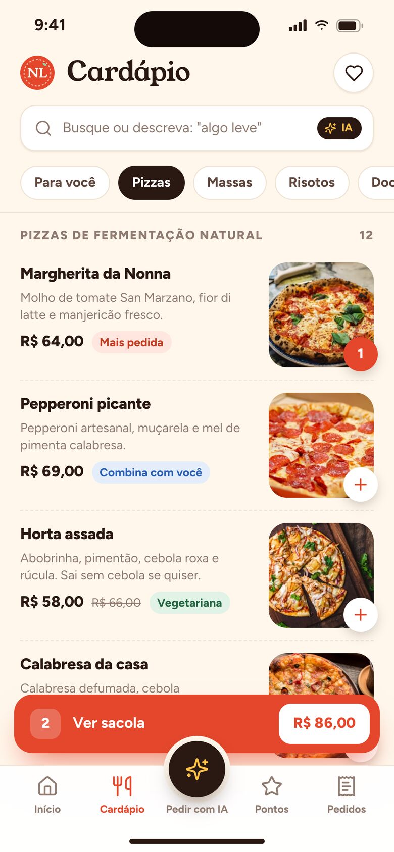Cardápio com fotos no app de delivery do restaurante