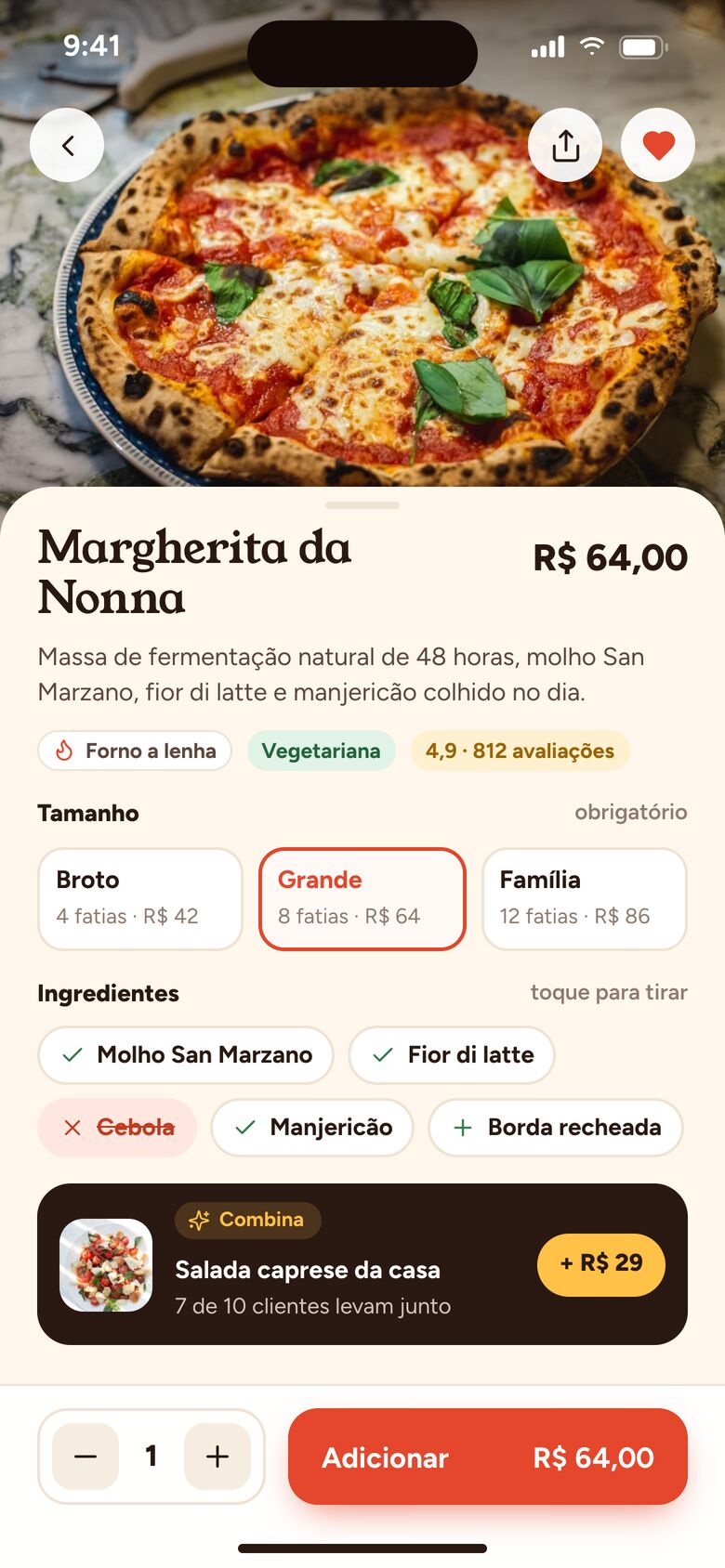 Tela do prato com tamanho, ingredientes para tirar e sugestão da IA