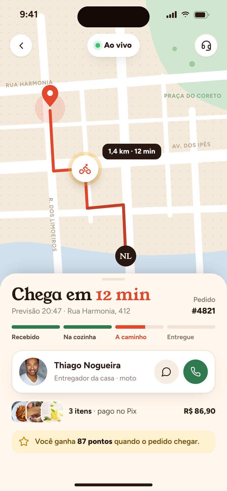 Acompanhamento da entrega no mapa com previsão de chegada e entregador
