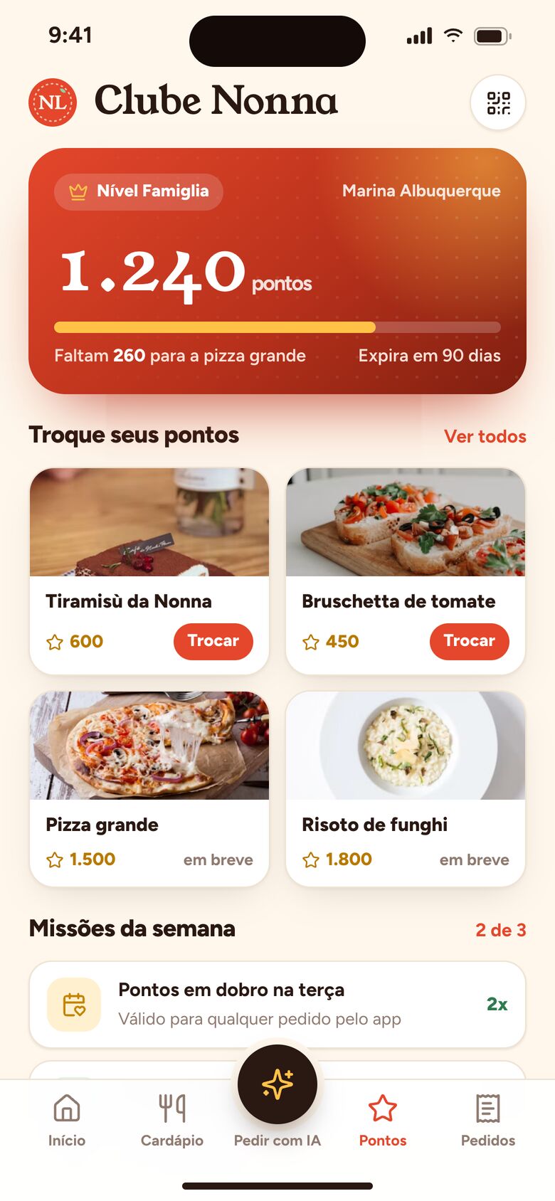 Clube de pontos do restaurante com prêmios para trocar e missões da semana