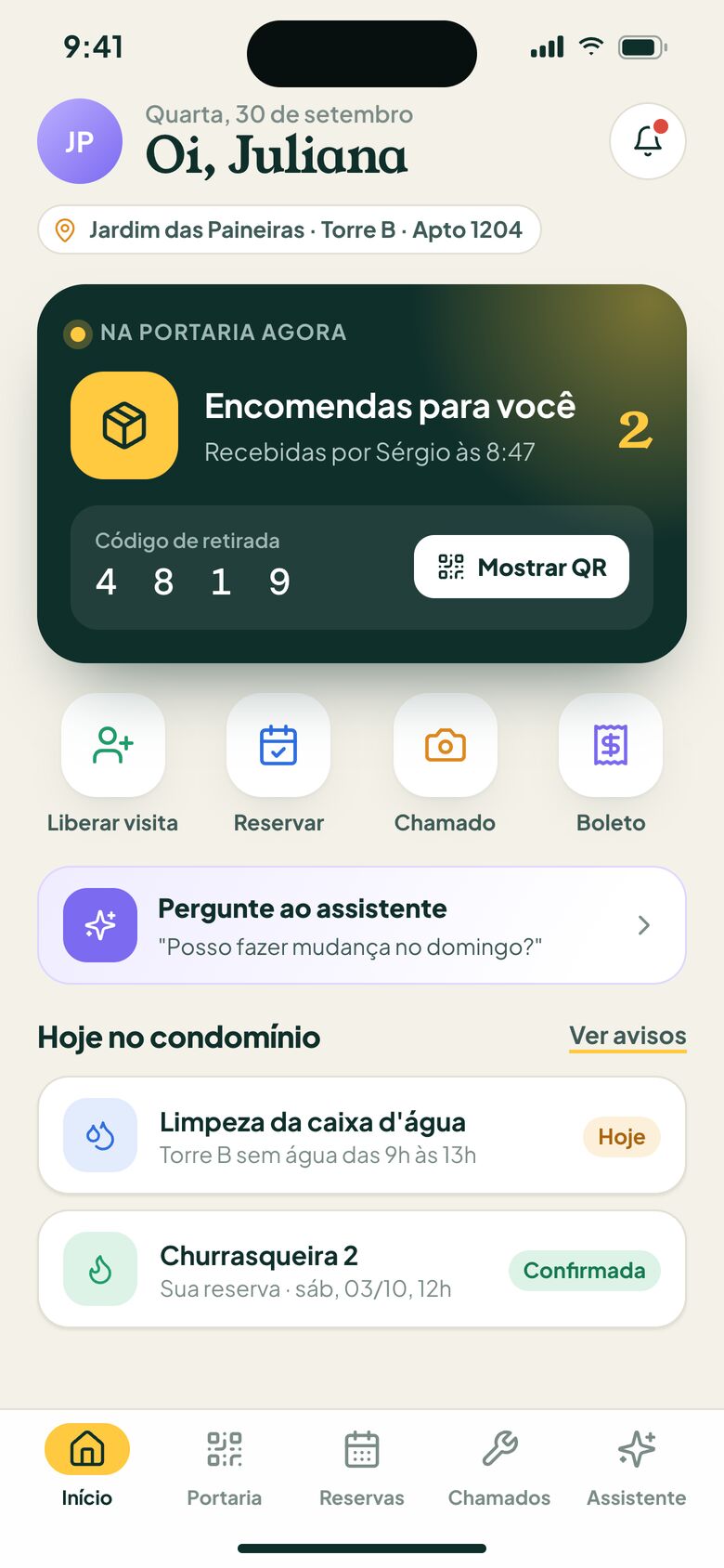 Início do app do morador com encomendas na portaria e atalhos