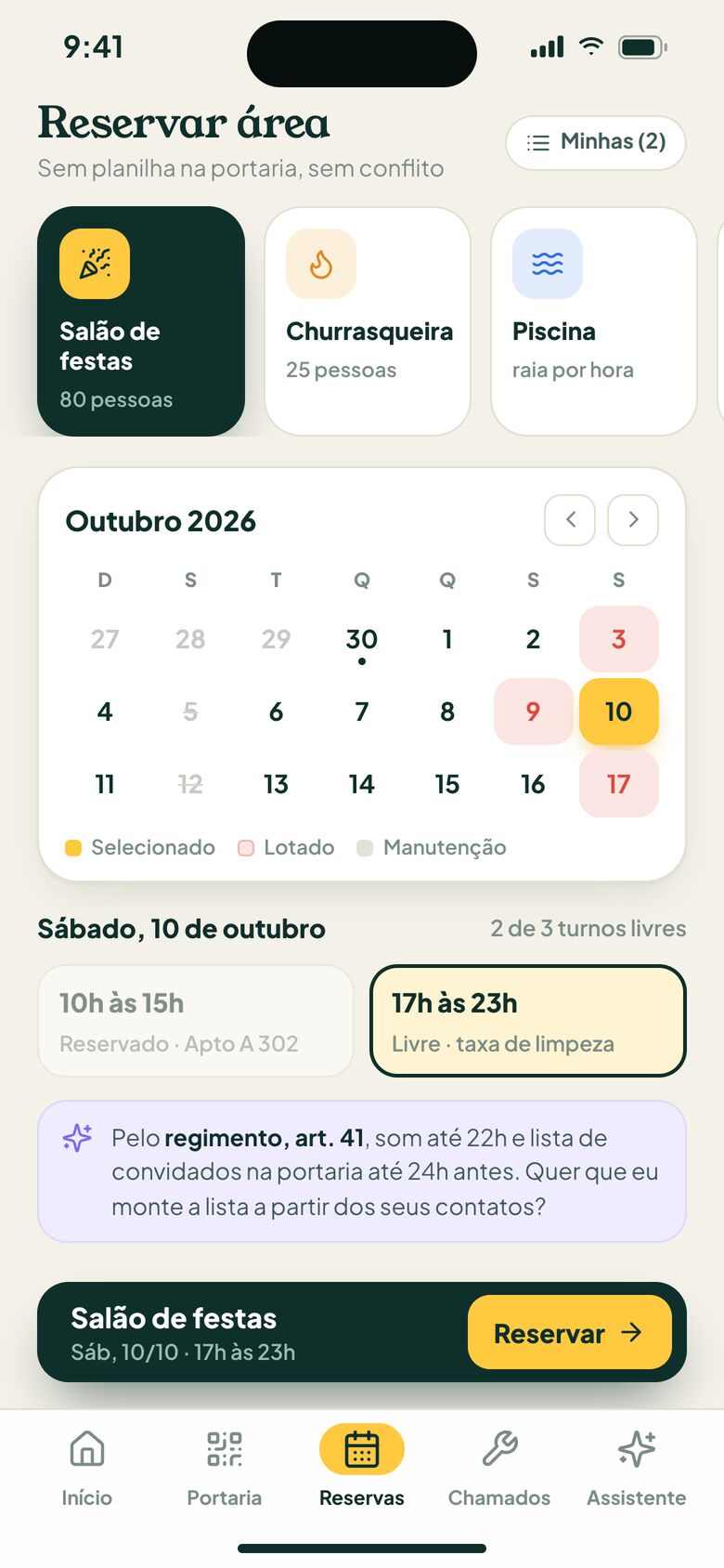 Reserva de salão de festas pelo app com calendário e regra do regimento