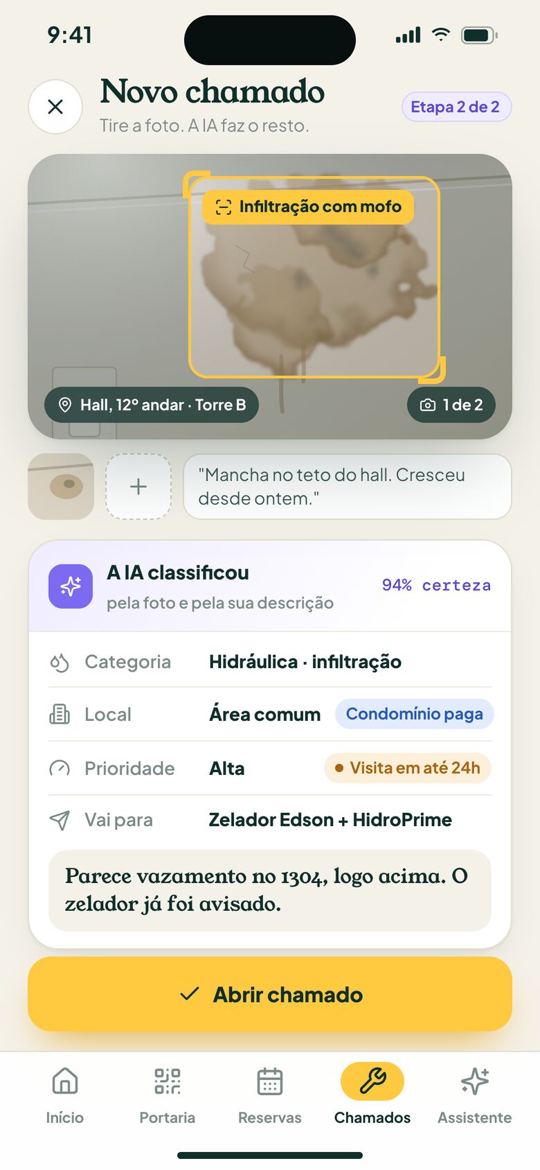 Chamado de manutenção aberto com foto e classificado pela inteligência artificial