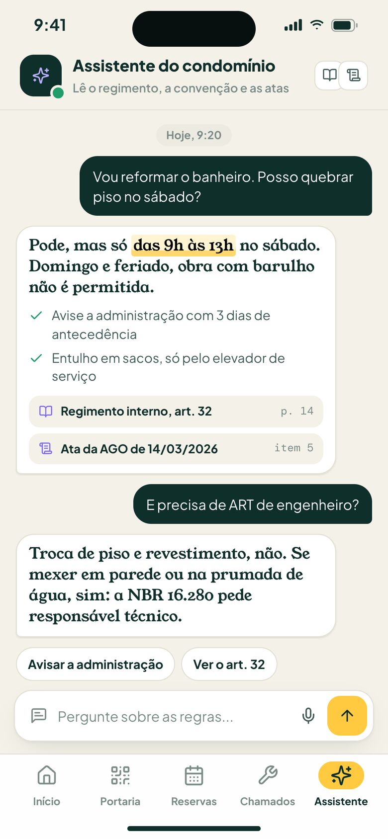 Assistente de IA do condomínio respondendo sobre o regimento interno e as atas