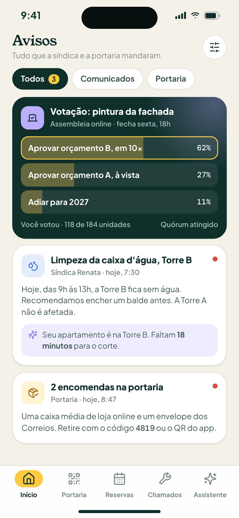 Avisos do condomínio com votação de assembleia online e encomendas