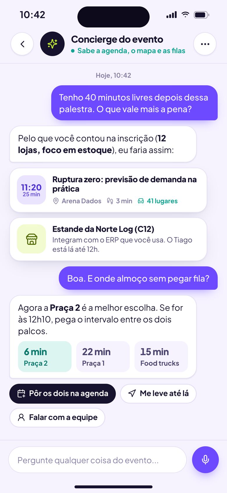 App de eventos com concierge de IA sugerindo sessão, estande e almoço sem fila