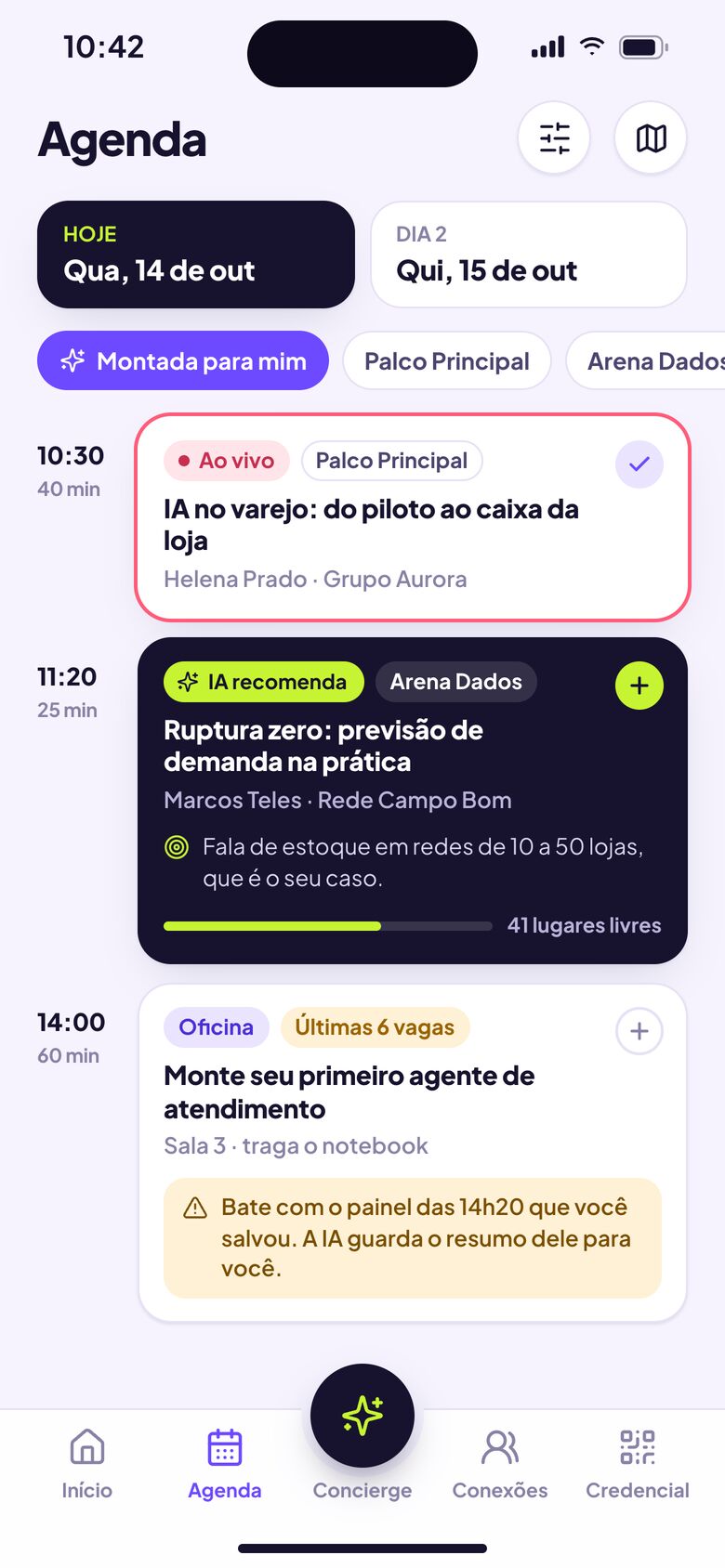 Agenda do evento montada pela IA com recomendação e aviso de conflito de horário