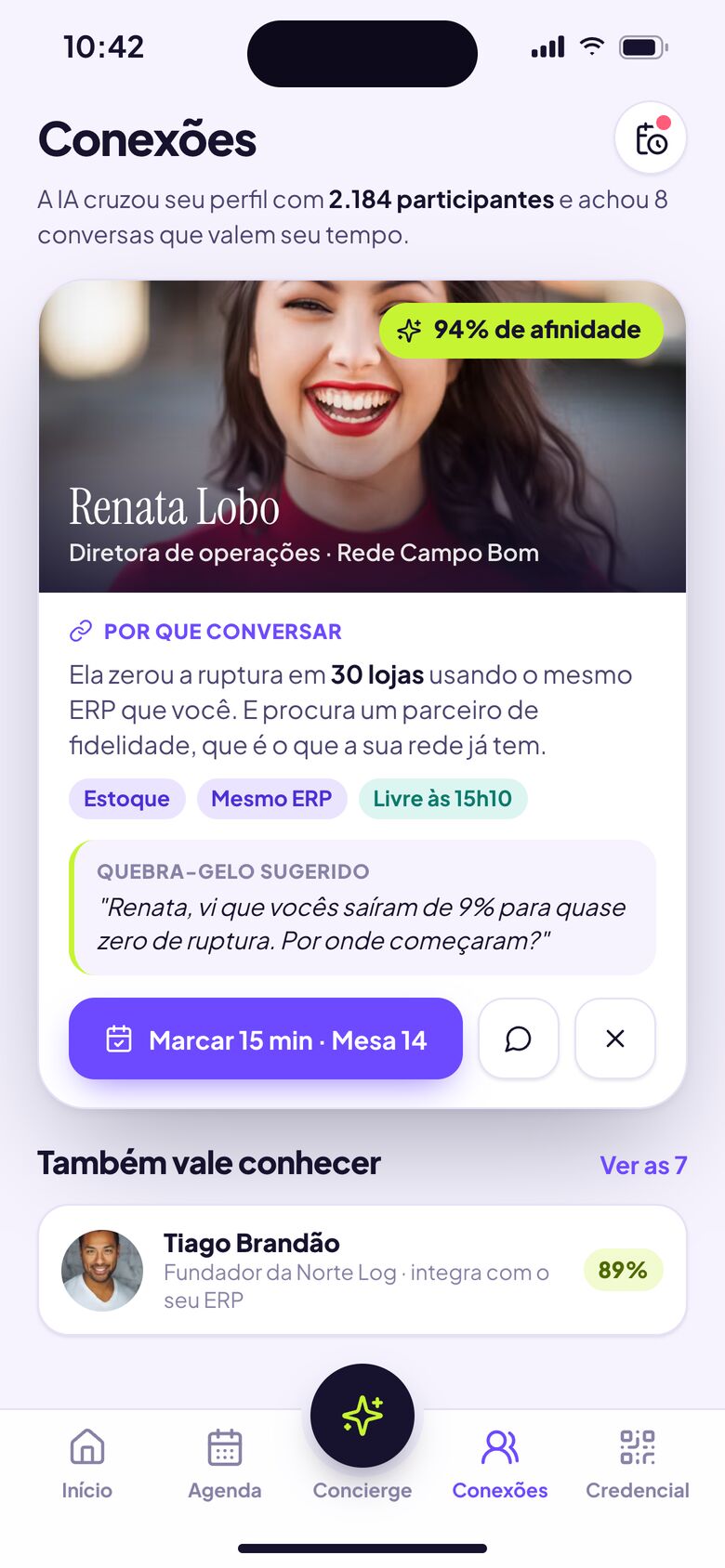 Conexões por afinidade no app de eventos, com quebra-gelo sugerido e reunião marcada