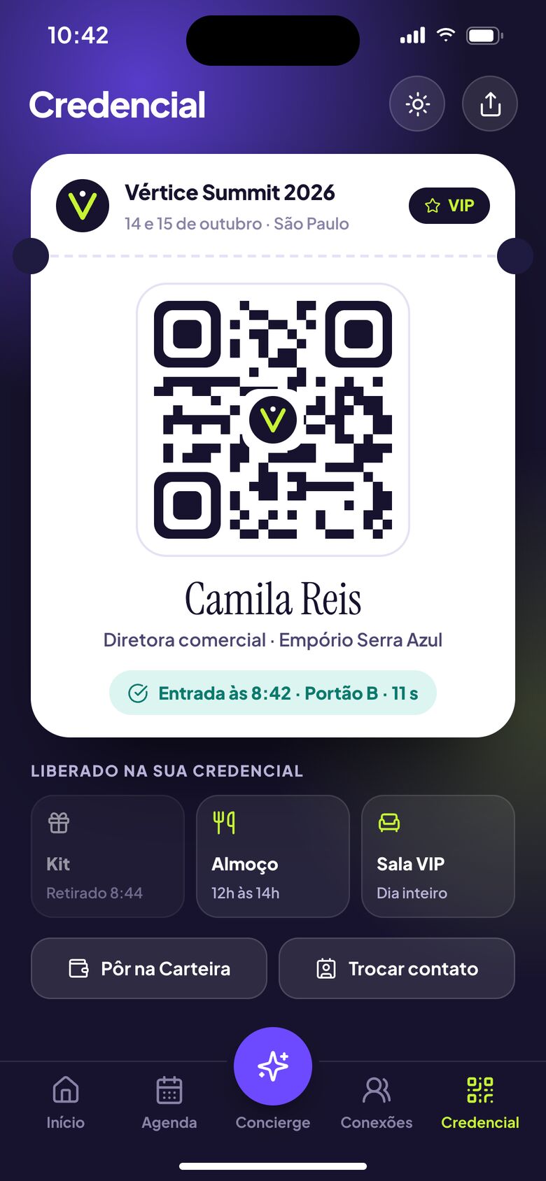 Credencial digital do evento com QR code e itens liberados