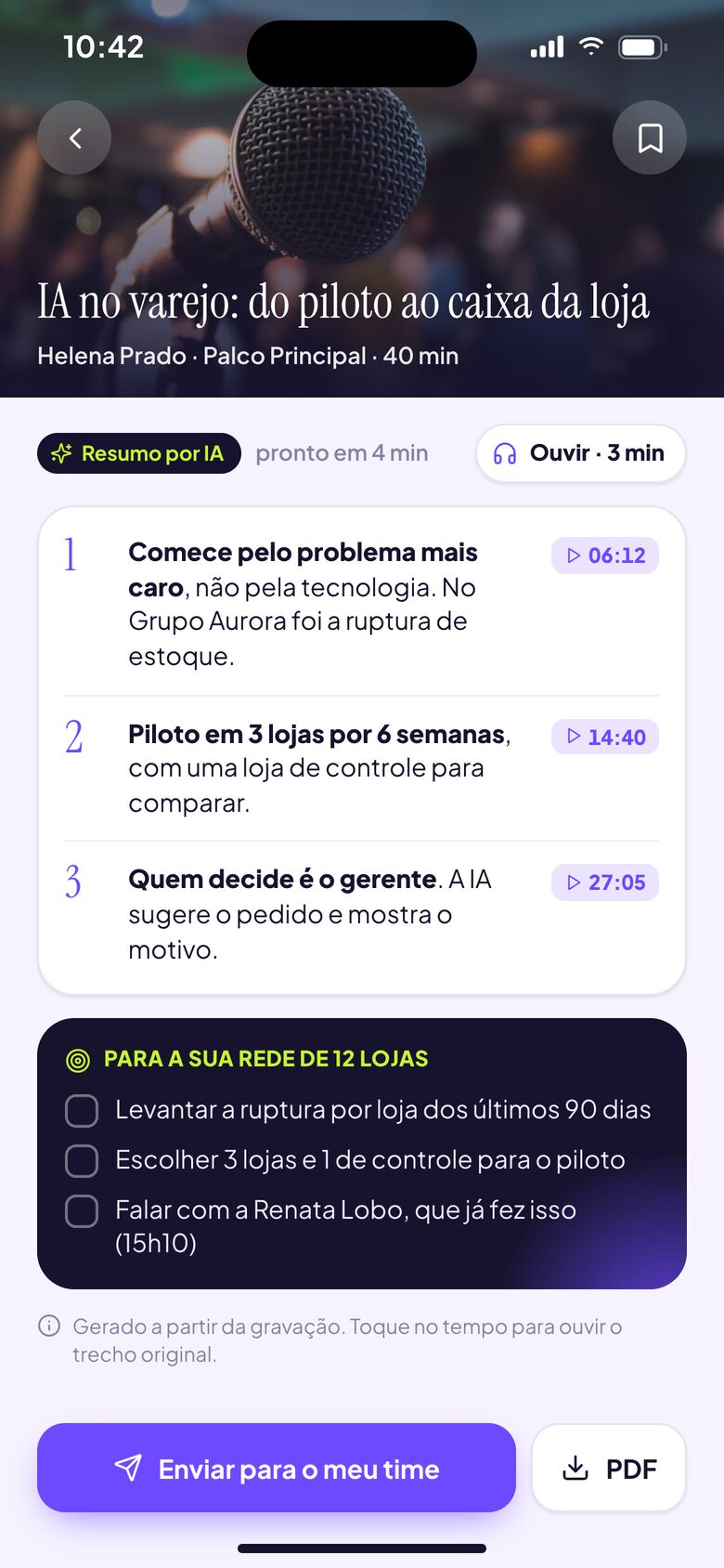 Resumo da palestra gerado por IA com pontos principais e próximos passos