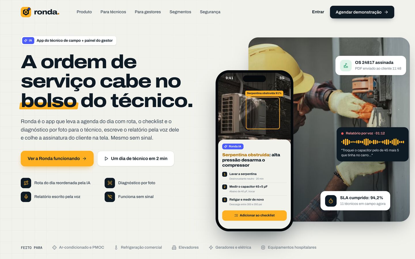Landing de apresentação do app para técnicos de campo Ronda