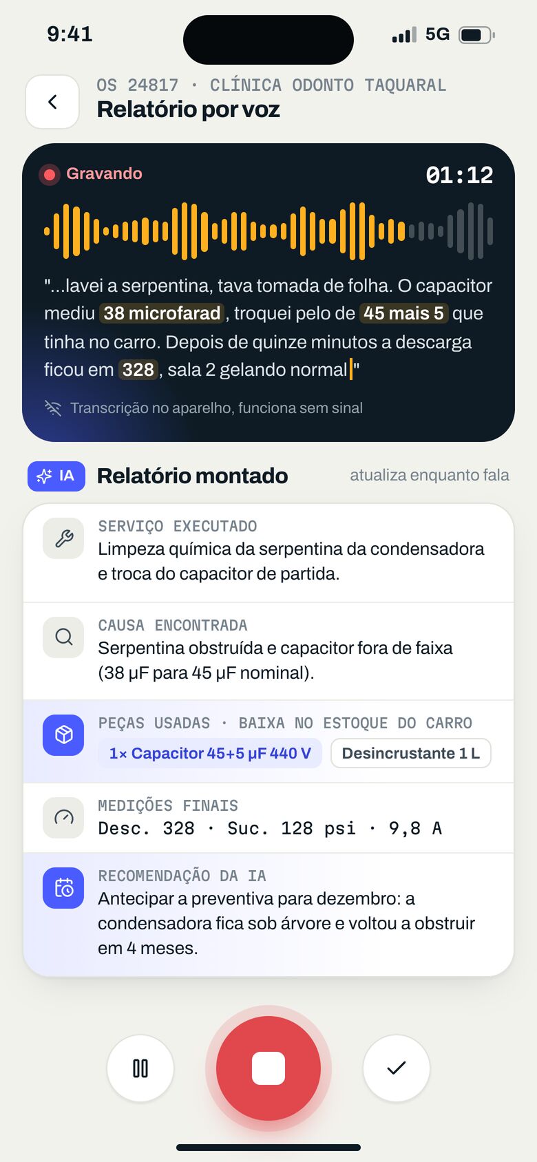 Relatório técnico montado pela IA a partir da voz do técnico
