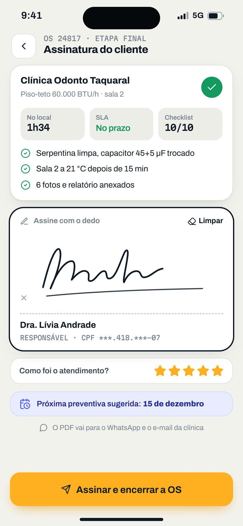Assinatura do cliente na tela do celular ao encerrar a ordem de serviço
