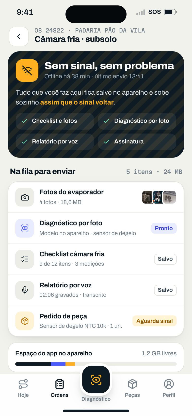 Modo offline do app com fila de fotos, checklist e relatório esperando o sinal voltar