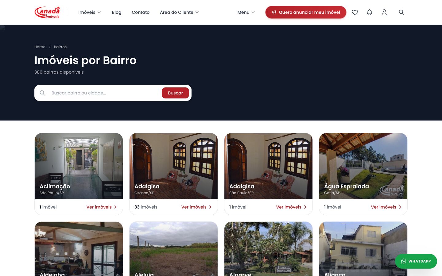 Página de imóveis por bairro