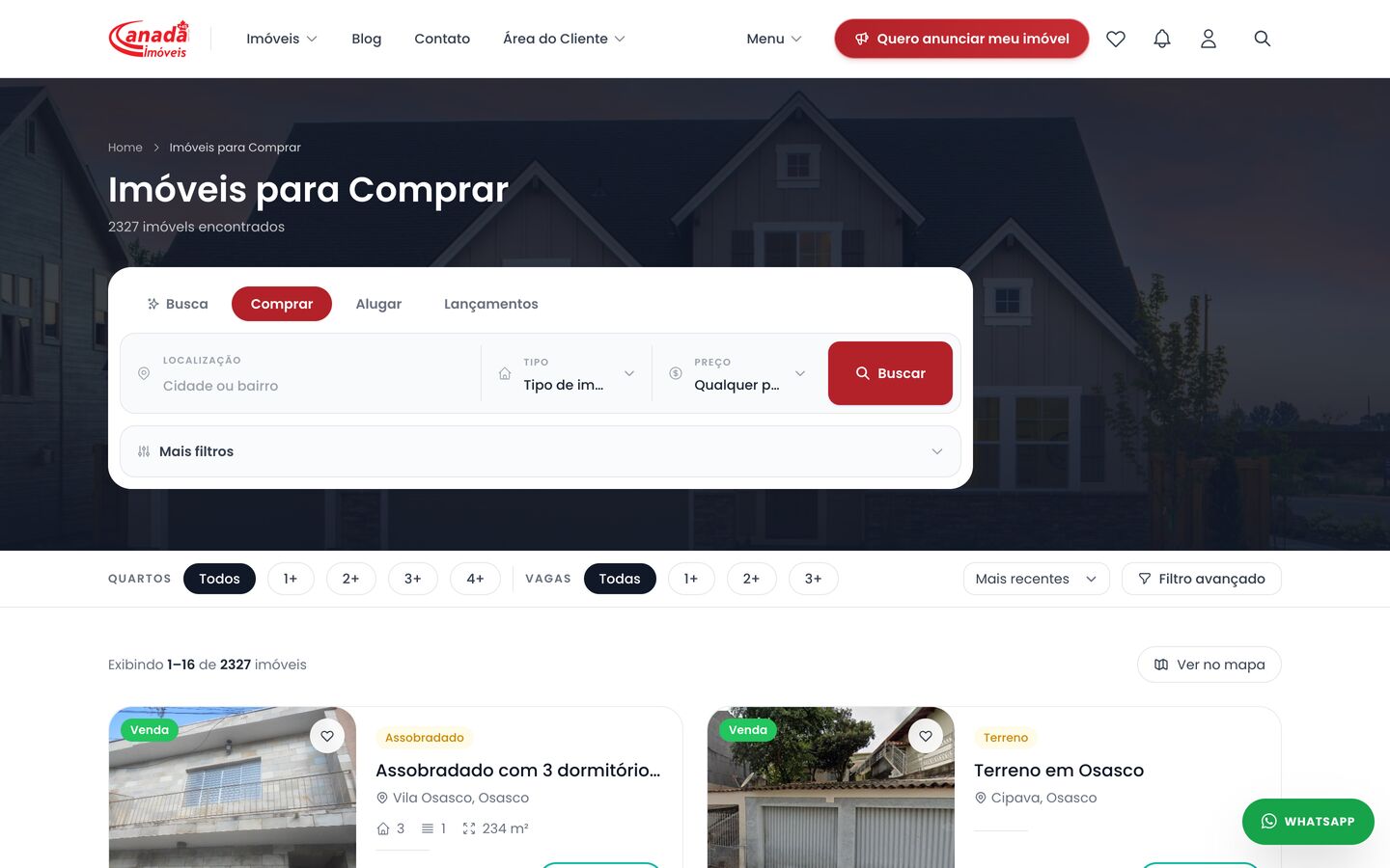 Listagem de imóveis para comprar com filtros