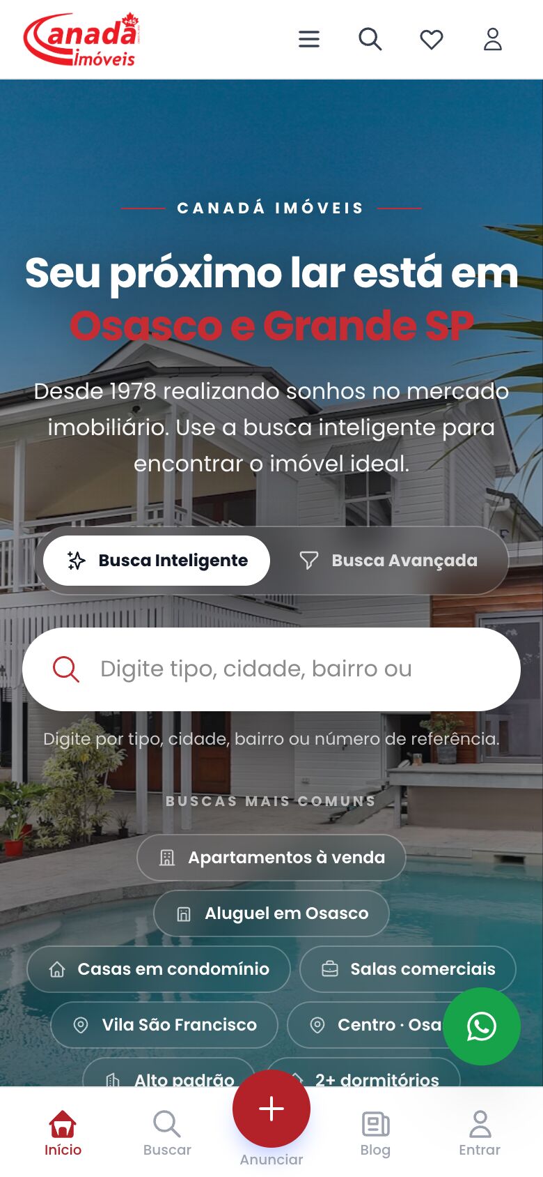 Página inicial da Canadá Imóveis no celular