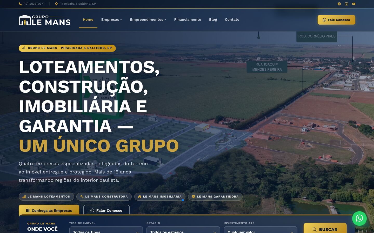 Página inicial do site do Grupo Le Mans com vista aérea do loteamento