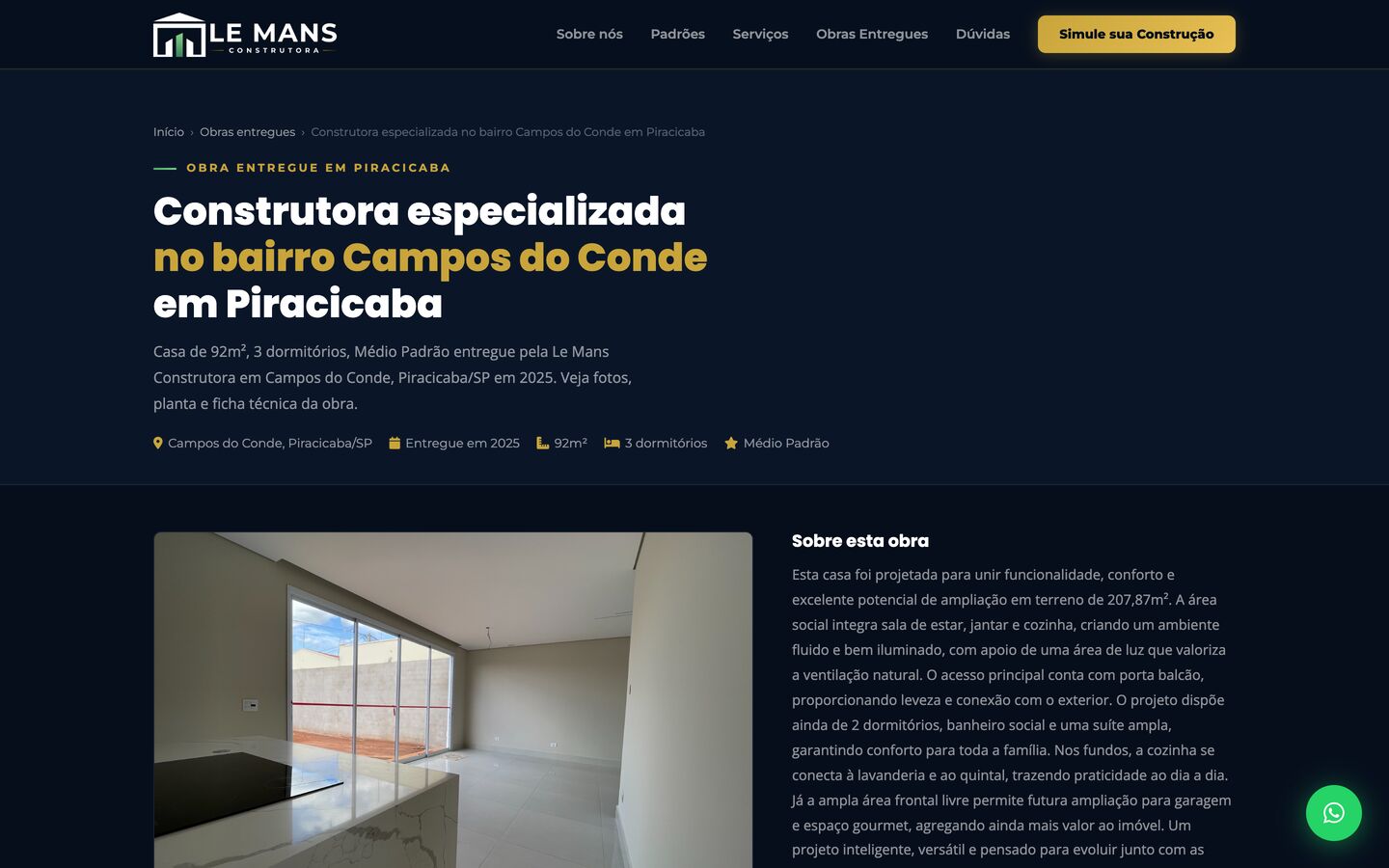 Página de uma obra entregue com fotos e ficha