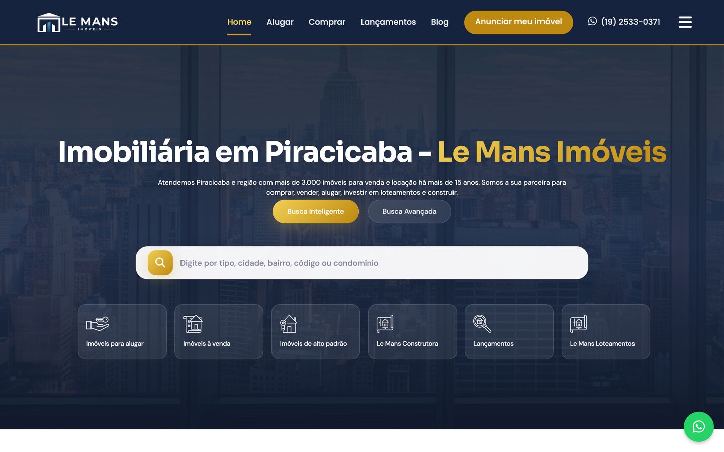 Página inicial do portal da Le Mans Imóveis