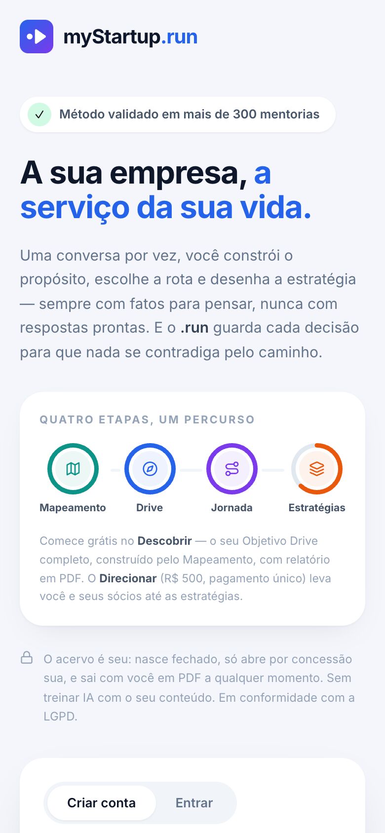 Tela de entrada e cadastro no celular