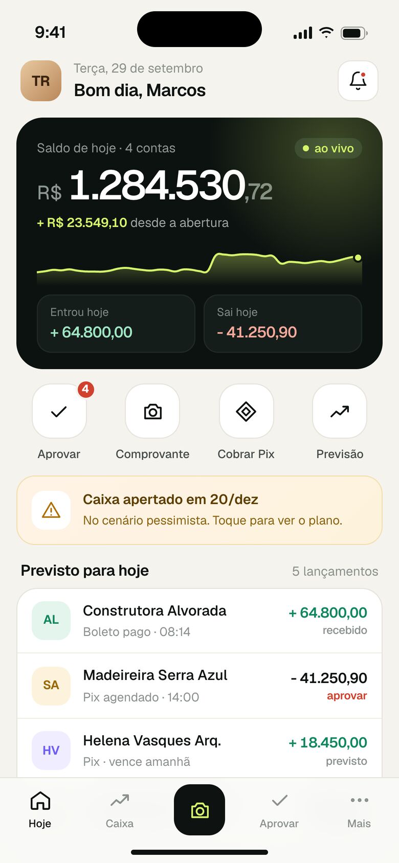 Saldo do dia consolidado no app financeiro do dono