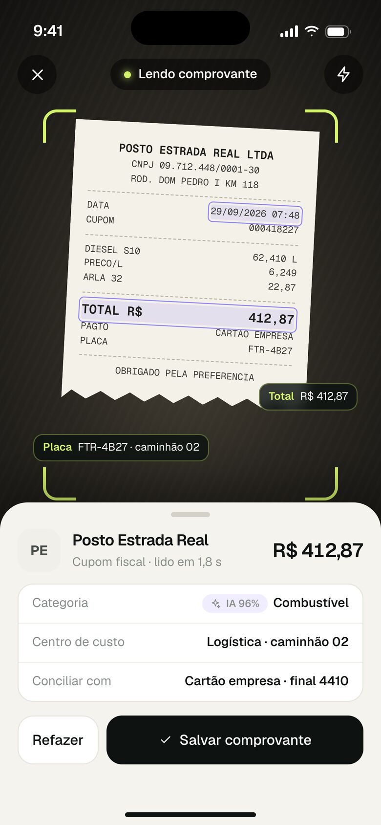 Foto do comprovante lançada pelo app financeiro