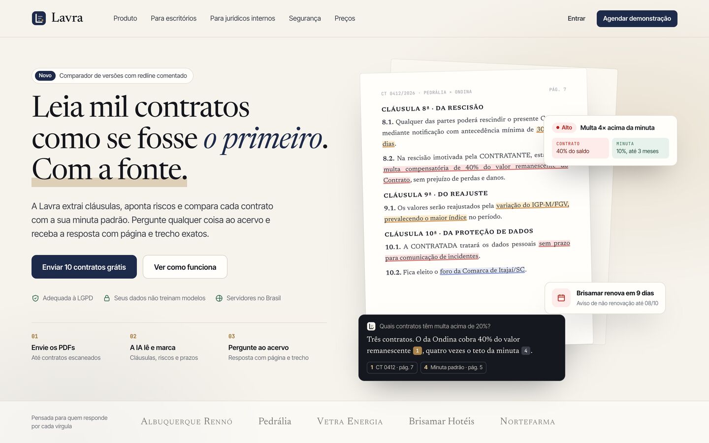 Landing do software de análise de contratos com IA Lavra
