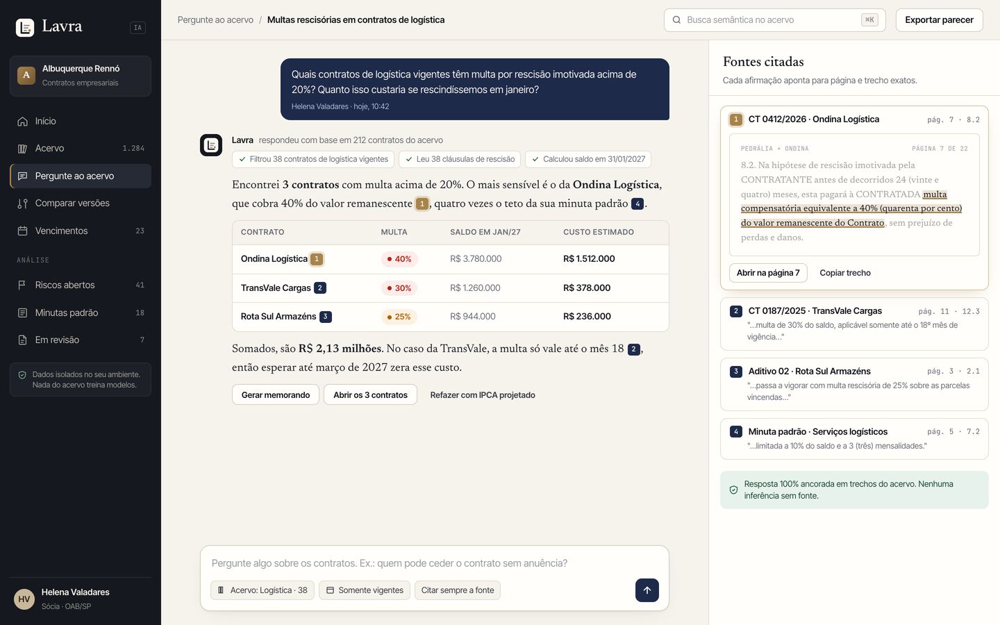 Chat de IA sobre o acervo de contratos com citação de página e trecho