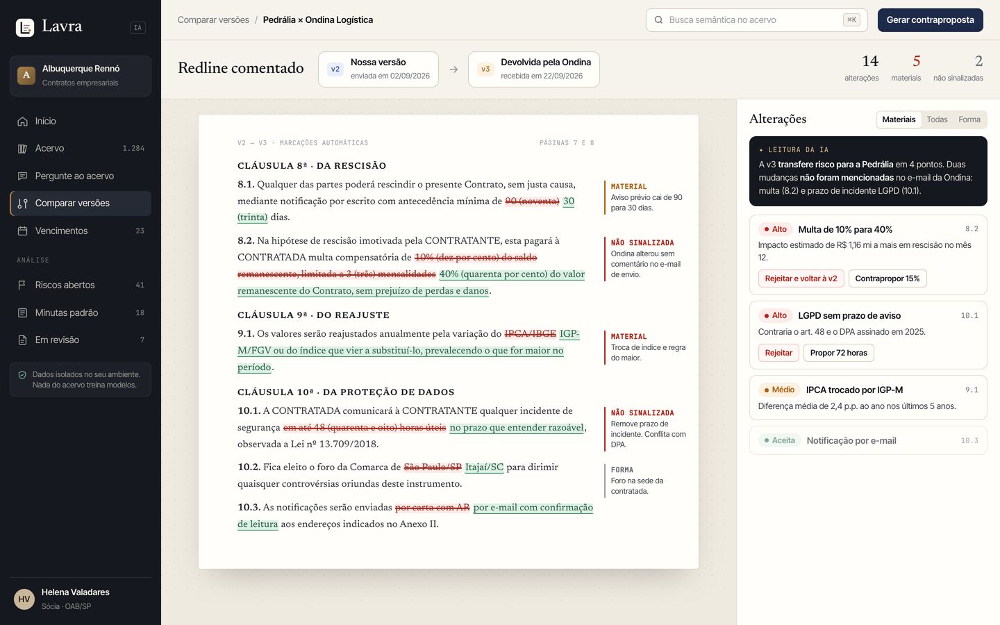 Comparador de versões de contrato com redline comentado