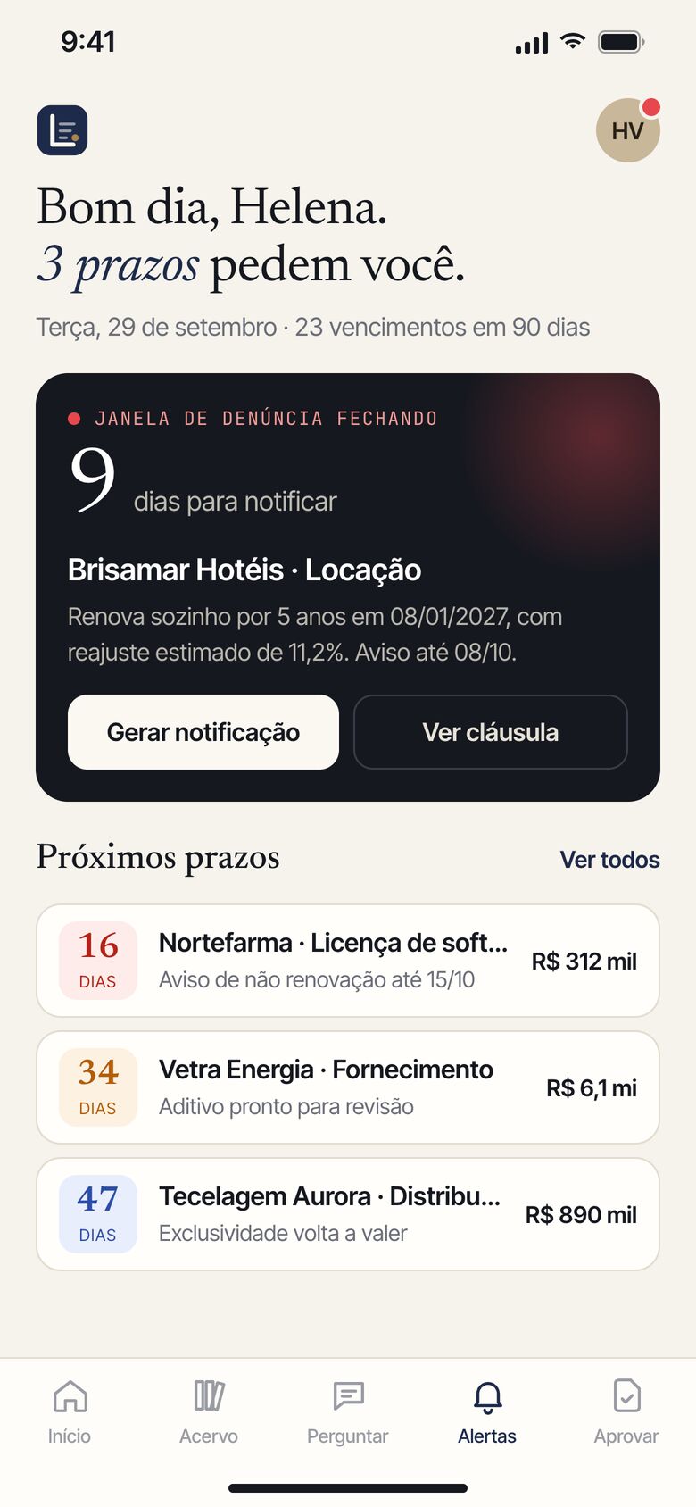 Alertas de vencimento de contrato no app