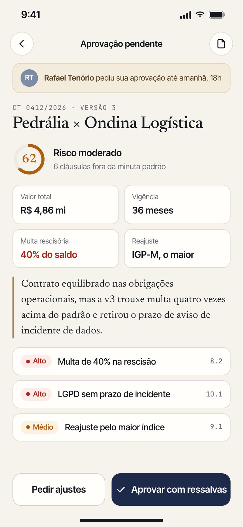 Aprovação de contrato pelo app com resumo da análise