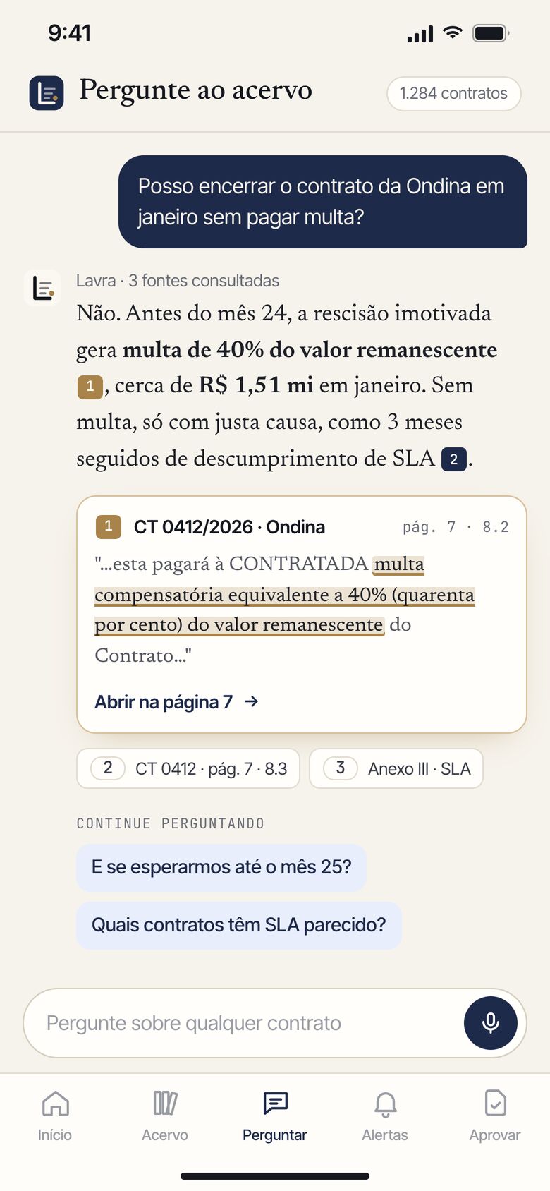 Pergunta ao acervo de contratos no celular com a fonte citada