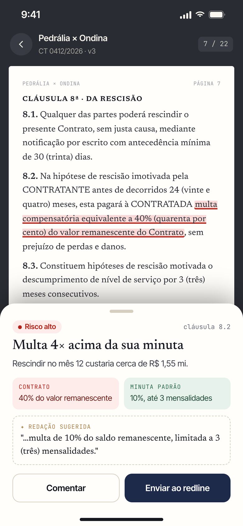 Cláusula de risco com redação sugerida pela IA no celular