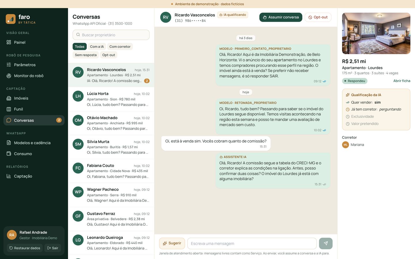 Conversas pelo WhatsApp Oficial com a IA qualificando o proprietário do imóvel