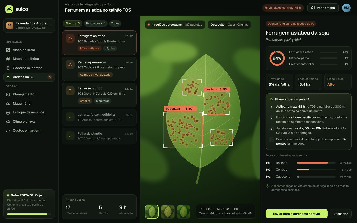 Diagnóstico de ferrugem asiática por foto no software de gestão agrícola