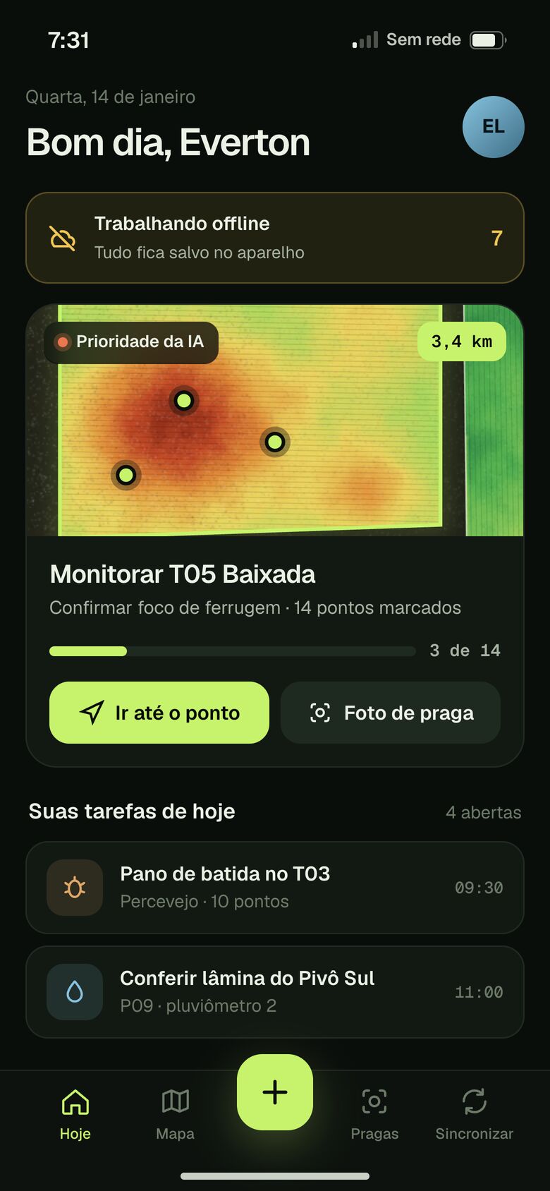 App de campo offline com as tarefas do dia na fazenda