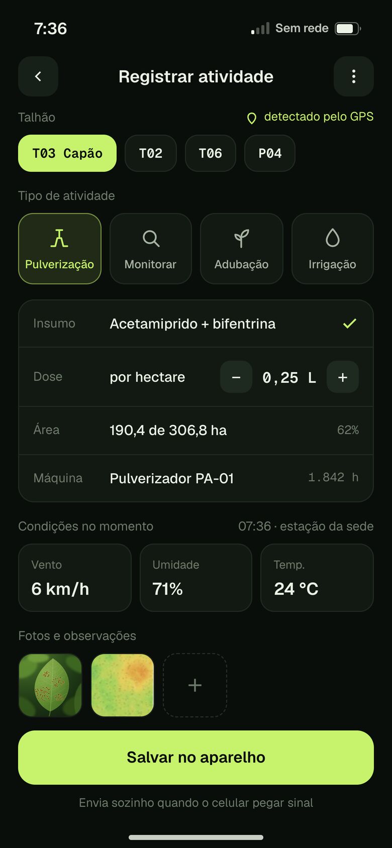 Apontamento de atividade agrícola sem sinal no app